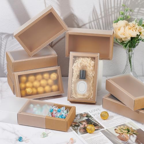 BENECREAT 12Packs Large Rectangle Brown Kraft Boxes Heavy Duty Gift Box with Clear PVC Windows 5.9x3x1.5 for Party Favor T...