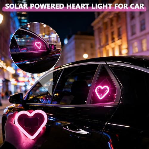 2Pcs Solar Powered Heart Light for Car, LED Wireless Ambient Lamp with 6 Modes & Vibration Sensor Can Automatically Power ...