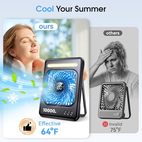 10000mAh Portable Travel Fan, 5 Speeds Strong Wind Cruise Fan with LED Lantern, 24H Runtime Cordless Personal USB Fan, 2/...