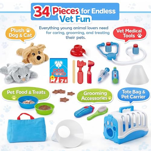34-Piece Kids Pretend Vet Playset, Veterinarian Role Play Doctor Toy Kit with Plush Dog & Cat, Pet Care Grooming Set with ...