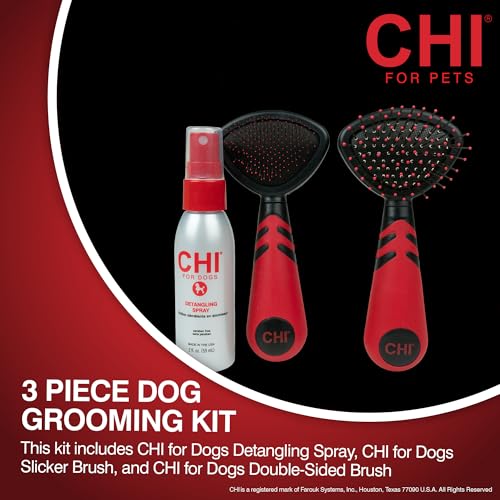CHI for Dogs Small Dog Detangling Kit, 3-Piece Grooming Set with Detangling Spray, Slicker Brush, and Double-Sided Pin-an...