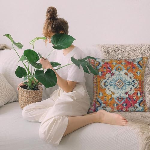 AELUTYSH Vintage Boho Pillow Covers 18X18 Inch Set of 2 Antique Ethnic Orange Teal Carpet Pattern Throw Pillow Covers Bohe...