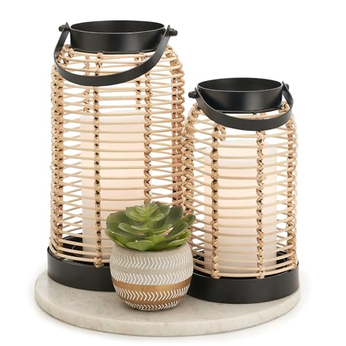 Natural Rattan Boho Lanterns - Handcrafted Chic Decor to Enhance Your Home - Modern Farmhouse Beauty Perfect for Any Livin...