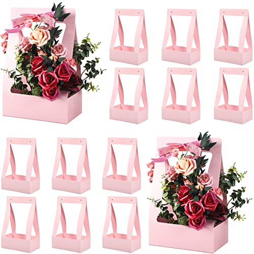 Teling 12 Pcs Mother's Day Flower Boxes for Arrangements Paper Pink Flower Gift Bags for Bouquets Portable Waterproof Flor...