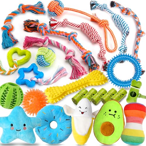 Zeaxuie 25 Pack Luxury Dog Chew Toys for Puppy, Dog Toys with Ropes, Treat Ball and Squeaky Puppy Toys for Teething Small ...