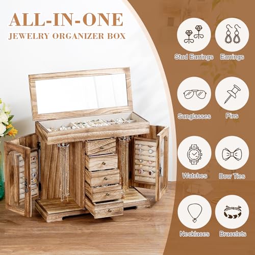 Miratino Jewelry Box for Women Girls, Rustic Wooden Jewelry Organizer Box with Mirror, 5 Layer Jewelry Storage Case Displa...