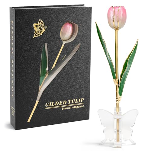 Mikasol Gold Dipped Real Tulip – Dreamy Gradient Pink, Romantic Forever Flower Gift with Book-Style Box & Butterfly Stand,...