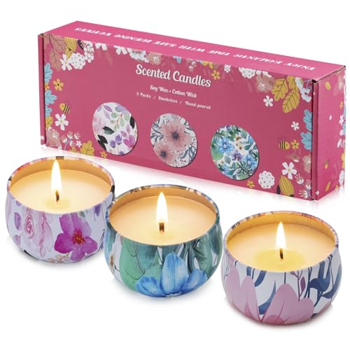Hausware 3 Pack Scented Candles, 2.5 oz Aromatherapy Candles with Floral Scents,Soy Candles Set with 72H Burning Time,Idea...