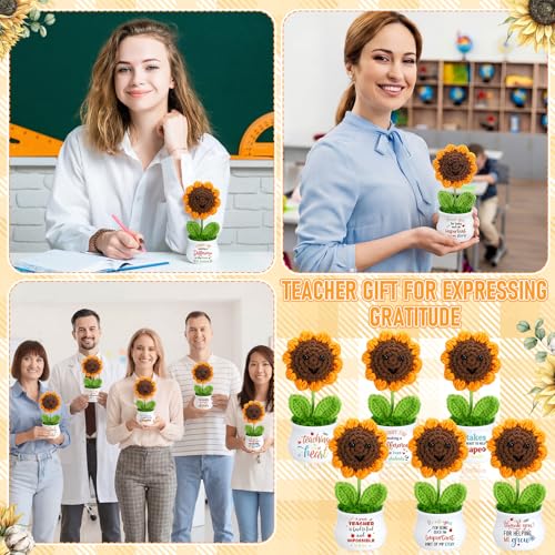 6 Pcs Teacher's Day Gift Bulk Teacher Appreciation Gift for Women Thank You Crochet Sunflower with Sticker Retirement Grad...