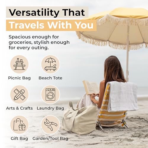 VeraMia Canvas Grocery Bag 3pc XL Set with Real Pockets, Long Shoulder Strap and Short Handle. Heavy Duty, Foldable, Washable