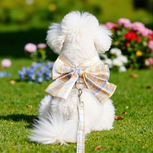 UETZLTB Cute Dog Harness and Leash Set with Bow Tie Soft Mesh Plaid Girl Puppy Harness No Pull Pet Cat Dog Vest Harness fo...