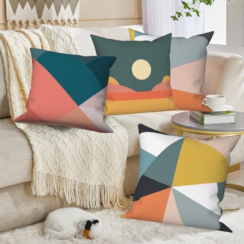 Vie Savaran Geometric Throw Pillow Covers Colorful Geometry Strip Patchwork Sun Abstract Mid Century Modern 18x18 Set of 4...