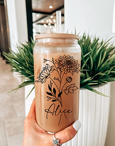 Personalized Birth Flower 16oz Glass Can Cup, Custom Name Bridesmaid Bridal Party Gift, Floral Iced Coffee Glass with Lid ...