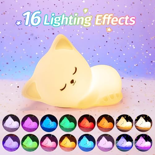 Night Light for Kids,16 Colors Cat Lamp Cute Lamp,Dimmable Baby Night Lights for Nursery,Silicone Rechargeable Nightlight ...