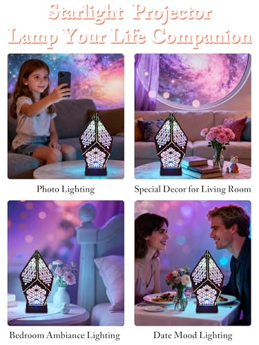 Starlight Projector Lamp,Boho Ambient Lighting Ceiling Projector Night Light, Wooden Colorful LED Lights for Bedroom Vinta...