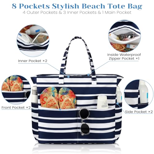 Trifabricy Beach Bags for Women Waterproof Sandproof Women Tote Bag, Large Beach Bag with Zipper for Gym Travel Vocation