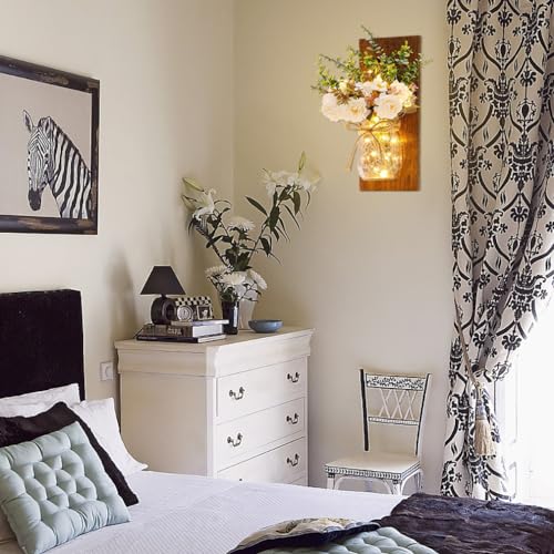 Rustic Wall Sconces Mason Jar Sconces Handmade Wall Art Hanging Design with Remote Control LED Fairy Lights and White Peon...
