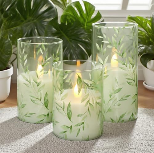 GORGE MOMENT Green Flameless Candles with Remote Willow Leaf Design Battery Operated Candles - Elegant Home Christmas Summ...