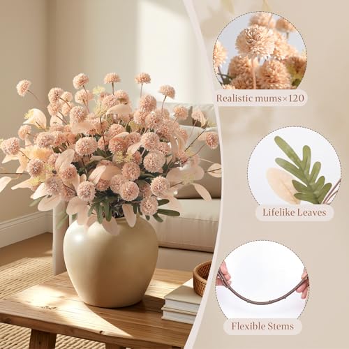 Alupssuc 16PCS Faux Silk Pompon Mums Artificial Flowers with Eucalyptus, Fake Chrysanthemum Floral for DIY Vase Arrangemen...