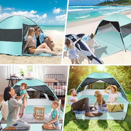 Large Easy Setup Beach Tent,Anti-UV Beach Shade Beach Canopy Tent Sun Shade with Extended Floor & 3 Mesh Roll Up Windows F...