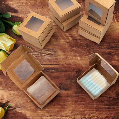 QUYLIXX 100 Pcs Soap Packaging Boxes with Window Mini Kraft Paper Boxes Bulk Treat Favor Boxes Rectangle Gift Soap Boxes f...