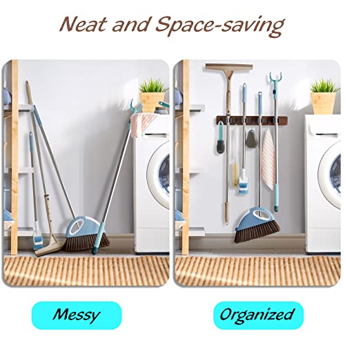 OUTNILI Mop and Broom Holder Wall Mount - Rustic Wood Broom Mop Hanger - Wall Mounted Garden Tool Rack Organizer for Close...