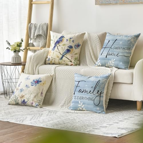 AVOIN colorlife Spring Saying Flowers Butterfly Bird Throw Pillow Covers, 18 x 18 Inch Home Sweet Home Blue Cushion Case f...