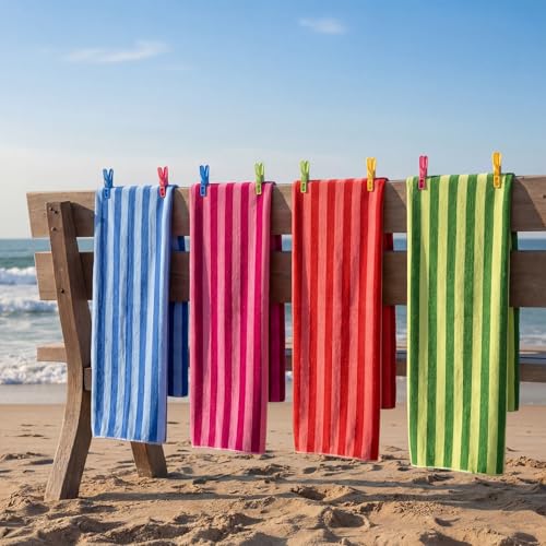 Gilprop 4 Packs Oversized Stripe Beach Towels Microfiber Pool Towel with Bags & Clips Soft Absorbent Quick Dry Camping Tow...