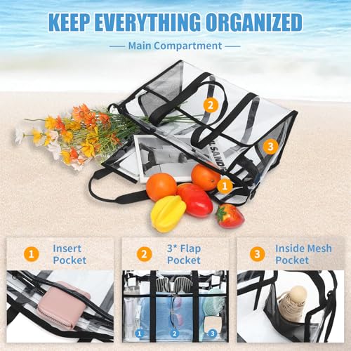 Women's Clear Beach Bag, 17" Large Clear Tote Bags with Phone Pouch and Strap, Heavy Duty Waterproof for Cruise, Pool