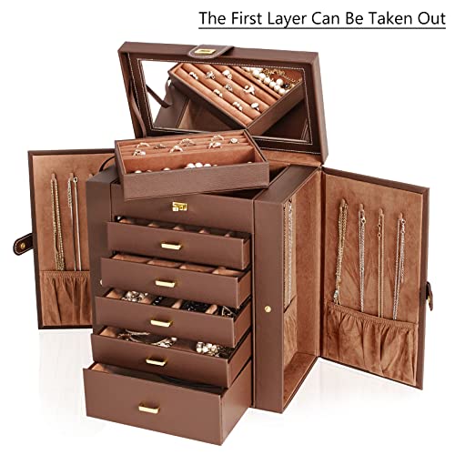AKOZLIN Extra Large 6-Tier Jewelry Box Organizer with Mirror, 5 Drawers Leather Jewelry Storage Case for Women Girls Ring ...