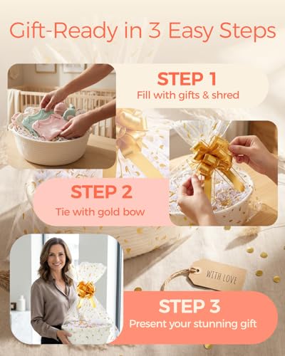SUNCOLOR Small Woven Gift Basket Set with Cut Paper Shred Filler, Pull Bow & Cellophane Bag, 12x8x5 Inch Durable Cotton Ro...