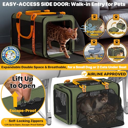 PAWZIDEA Expandable Pet Carrier Airline Approved, 18"×11"×11" Small Dog Carriers, Collapsible Top-Load Cat Carrier for 2 C...