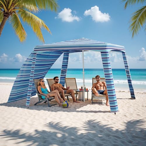 Beach Cabana-6.6x6.6’Beach Canopy with Side Wall,Portable Umbrella Tent with Sand Pockets for Family & Friends,Easy Up Bea...