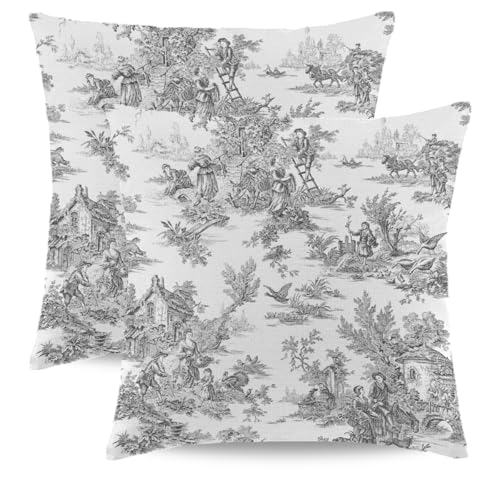 Wsunsal Black Grey Toile Pillow Covers 18x18 Inch Set of 2 Vintage French Country Throw Pillow Cover Farmhouse Square Line...