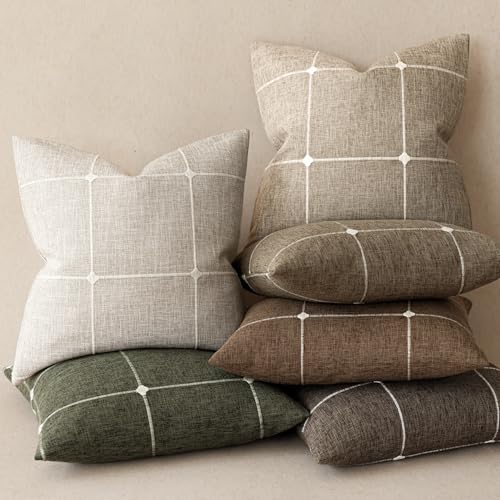 Foindtower Pack of 2 Decorative Faux Linen Jacquard Check Throw Pillow Covers Farmhouse Cushion Cover with Grid Textured A...