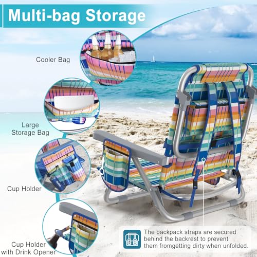 Suteck Beach Chair, Adjustable 5-Position Backpack Beach Chairs for Adults Kids, Foldable Lay Flat Chair with Cooler Bag, ...