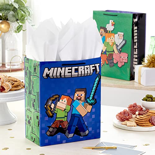 Hallmark Minecraft Gift Bag Bundle (2 Bags: 13" Large Blue Bag, 15" Extra Large Green) for Birthdays, Christmas, Valentin...