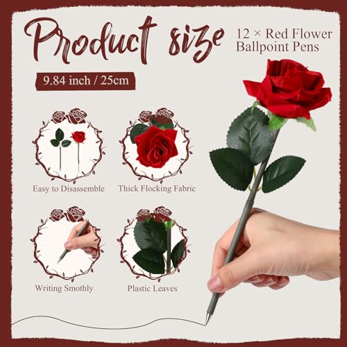 Sayglossy 12 Sets Rose Pen Mother's Day Gifts Artificial Red Flower Ballpoint Pens with Inspirational Praise Card Rose Par...