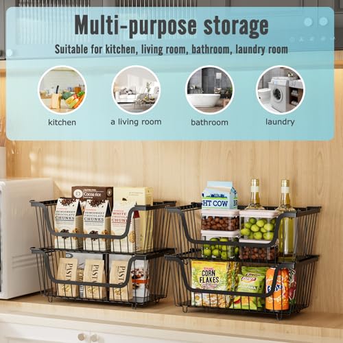 GAOKASE 4 Pcs Stackable Wire Baskets for Pantry Organizers and Storage,Vegetable Fruit Basket for Countertop,Kitchen Stora...