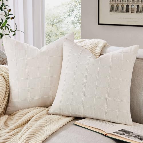 ZeeMart Linen Checked Throw Pillow Covers Set of 2, 18x18 Inch Ivory/Cream, Farmhouse Decorative Single Sided Grid Embroid...