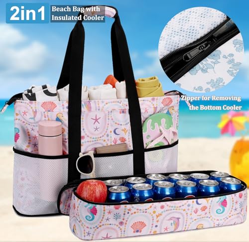 JIANYA Beach Bag Women Waterproof Sandproof Beach Tote Bags with Cooler Top Zipper Large Totes for Pool Travel Daily