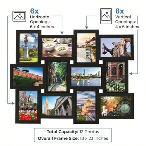 MELANNCO Collage Picture Frame for Wall, Holds 12 Photos - Six 4x6 and Six 6x4 Images, 18x23 Inch Black Plastic Frame, Han...