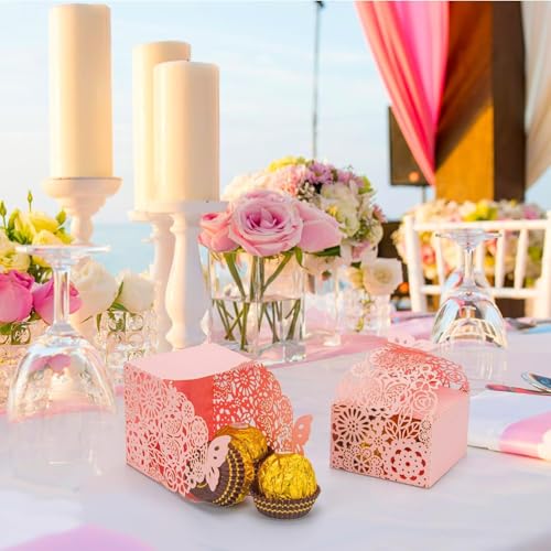 KAZIPA 50pcs Laser Cut Butterfly Favor Boxes, 2.6" x 2.6" x 1.6" Floral Gift Box for Bridal Shower Anniversary Wedding Par...