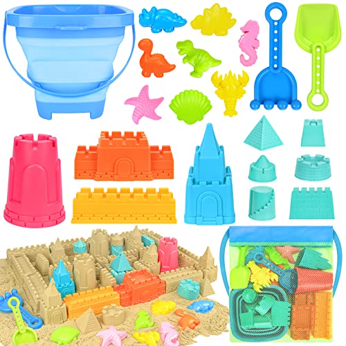 Collapsible Beach Toys for Kids Toddlers, Collapsible Sand Bucket and Shovels Set with Mesh Bag,Travel Sand Castle Buildin...