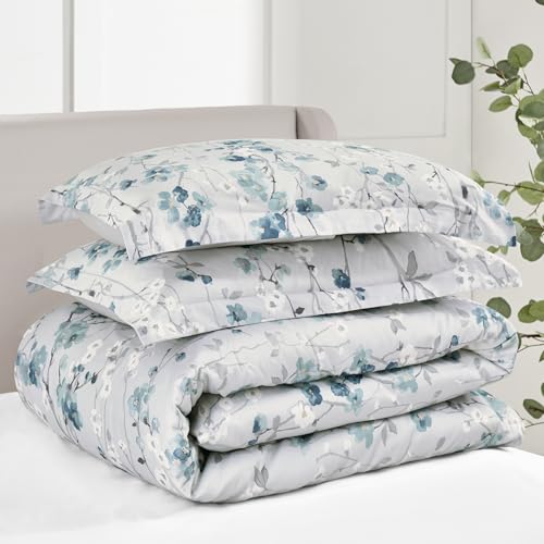 Levtex Home - Florina Comforter Set - Floral - Teal Blue Grey White - Comforter (106 x 94in.) and Two Pillow Cases (36 x 2...