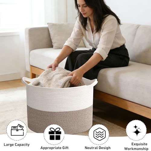HZFTJOY 65L Large Woven Cotton Rope Blanket Basket with Handles, Laundry Hamper Storage Bin for Pillows, Clothes, Bedroom ...