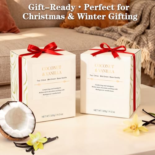 2 Pack Wood Wick Coconut & Vanilla Candle Gift Set – Long Lasting Soy Wax Candles with Gift Boxes, Holiday Aromatherapy Ca...