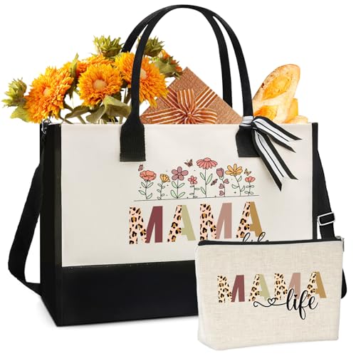 VeloKomo Mama Canvas Tote Bag - 2pcs Appreciation Gifts for Mom Women Floral Totes with Portable Makeup Bags Gift Set for ...