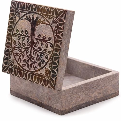KC KULLICRAFT Hand Carved Marble Soapstone Square Shape Jewellery Box | Storage Organizer | Decorative Trinket Ornament Ho...