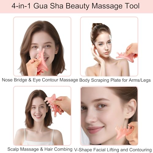 Gua Sha Facial Tools,4 in 1 Resin Head Massager Scalp Comb with Gift Pouch,Guasha Tool for Face, Eye & Body Lymphatic Drai...